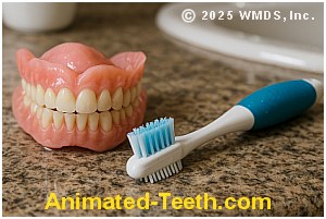 Picture of a denture brush and dentures.